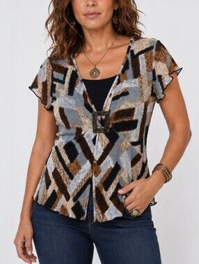 Vintage Brittany Black Buckle Top Empire Waist Abstract Print Plissé Boho USA PL